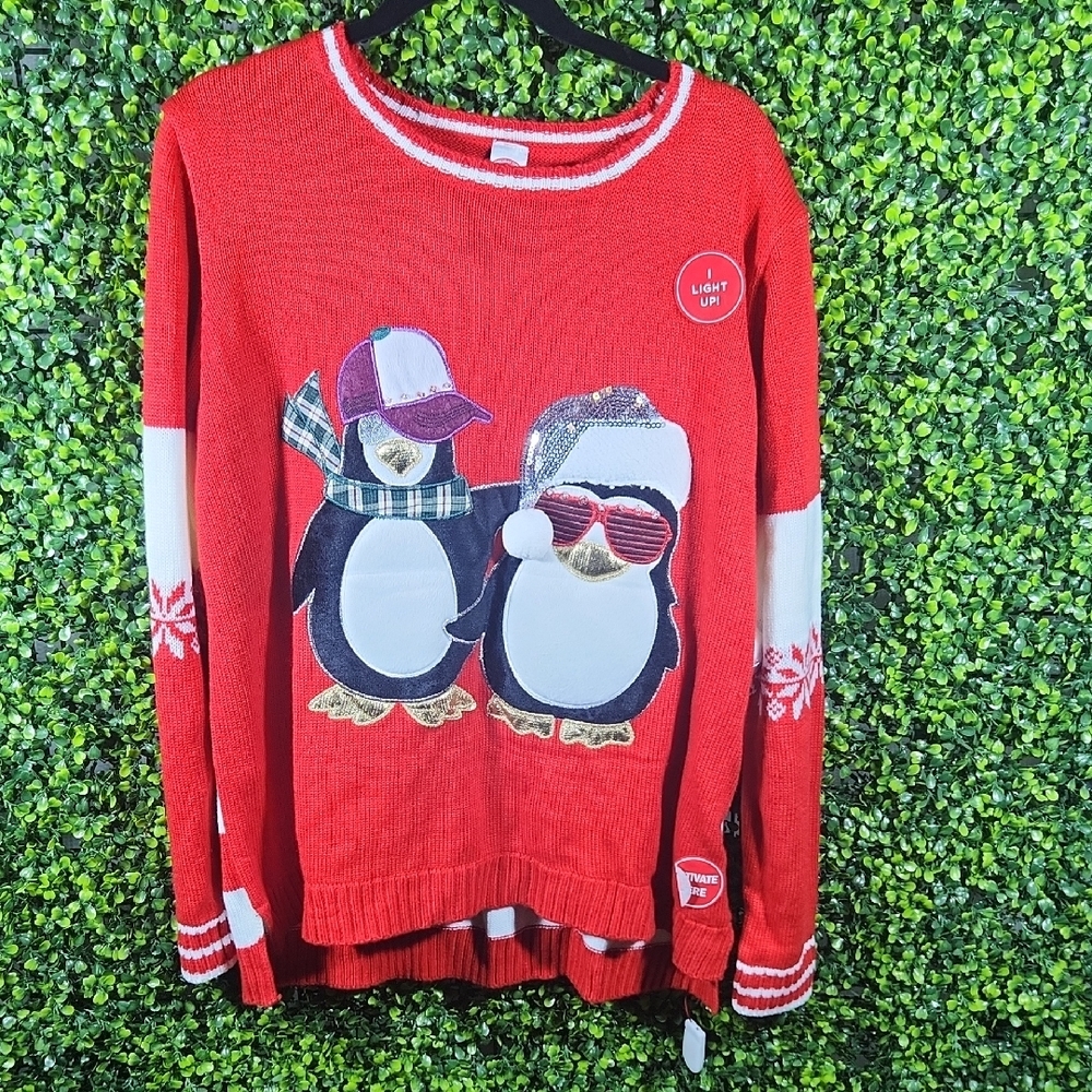 Holiday Time Red Crew Neck Penguin Sweater